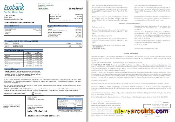 Burkina Faso Ecobank bank mortgage statement, 2 pages, 1-2
